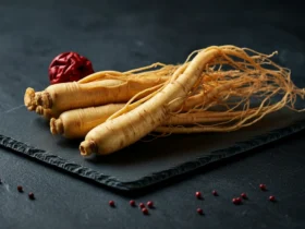 Koreansk rød ginseng røtter på mørk skifer bakgrunn