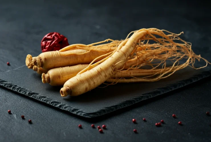 Koreansk rød ginseng røtter på mørk skifer bakgrunn