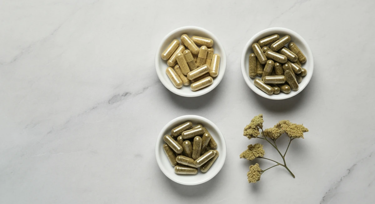Tre typer ginseng tilskudd i skåler til sammenligning