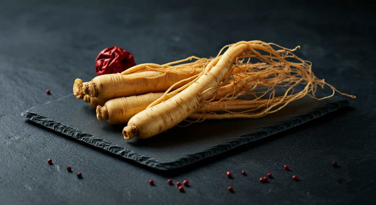 Koreansk rød ginseng røtter på mørk skifer bakgrunn