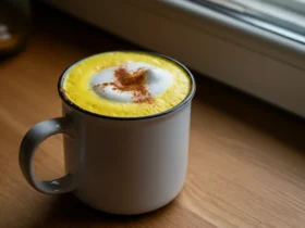 Golden milk gurkemeielatte i kopp med kanelpudring