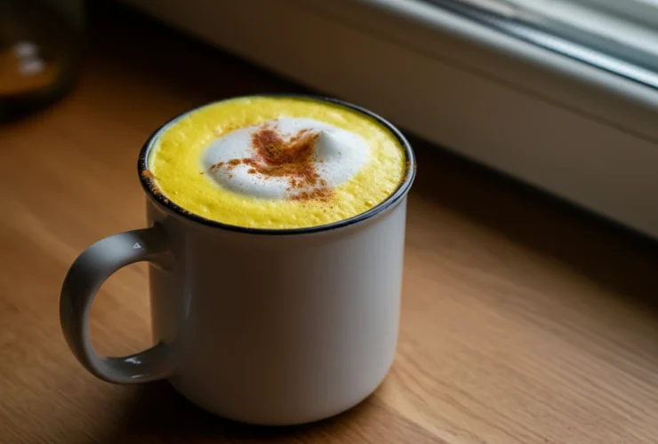 Golden milk gurkemeielatte i kopp med kanelpudring