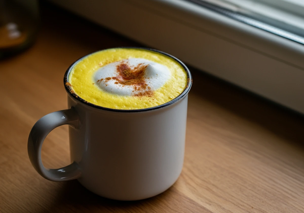 Golden milk gurkemeielatte i kopp med kanelpudring