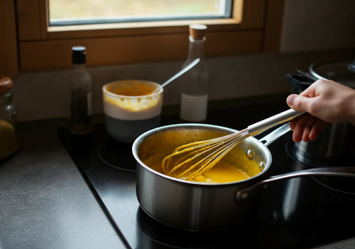 Gurkemeiepasta røres ut i varm melk