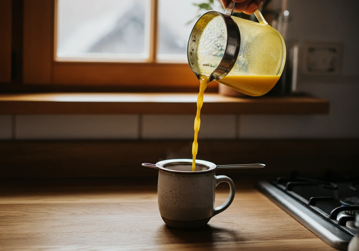 Golden milk helles i kopp gjennom fin sil