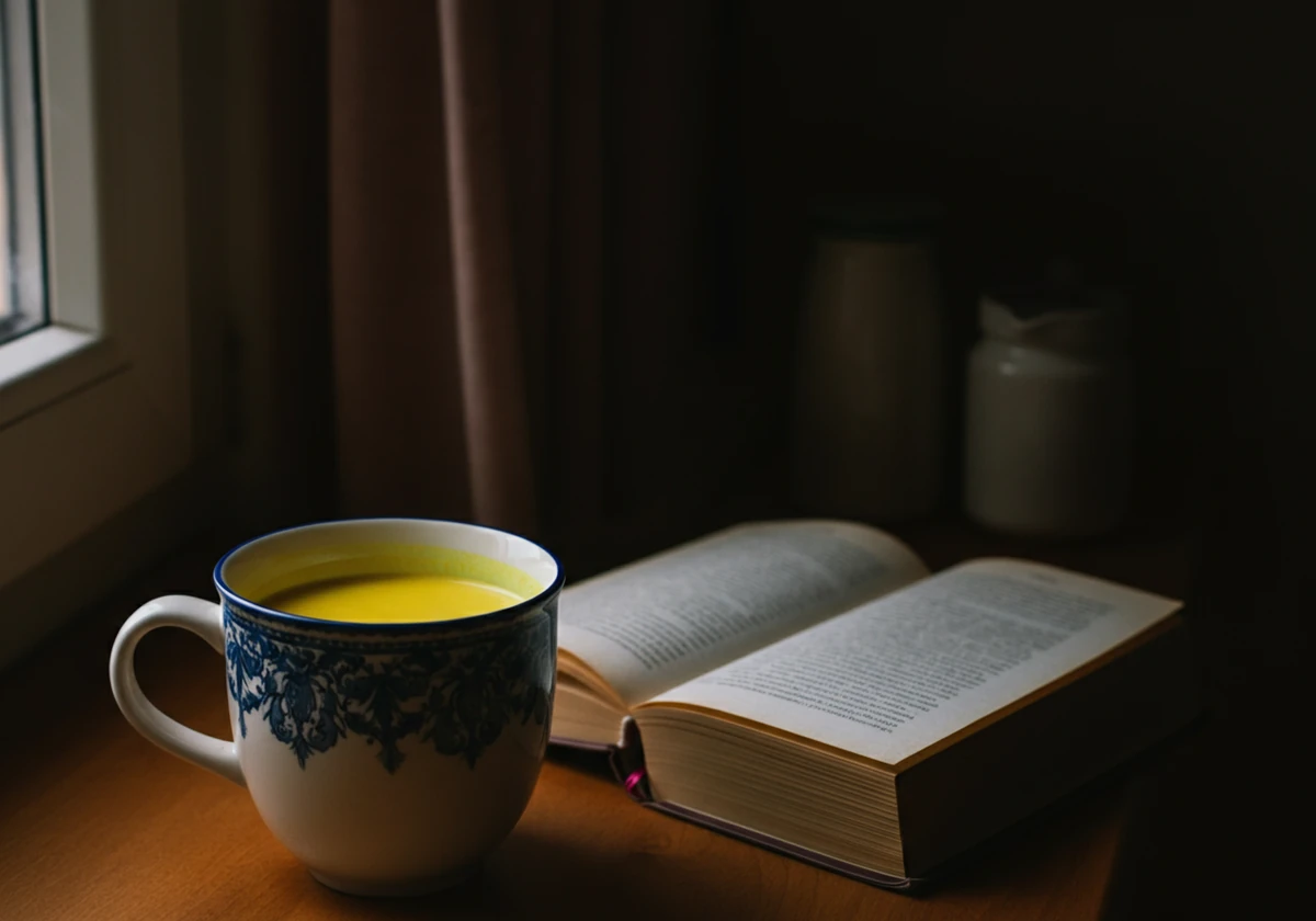 Golden milk som koselig kveldsdrikk ved siden av bok