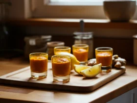 Gurkemeie shot servert i små glass
