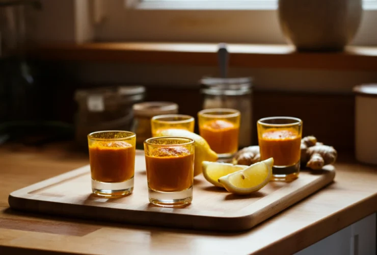 Gurkemeie shot servert i små glass