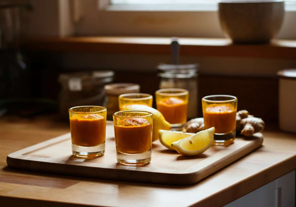 Gurkemeie shot servert i små glass