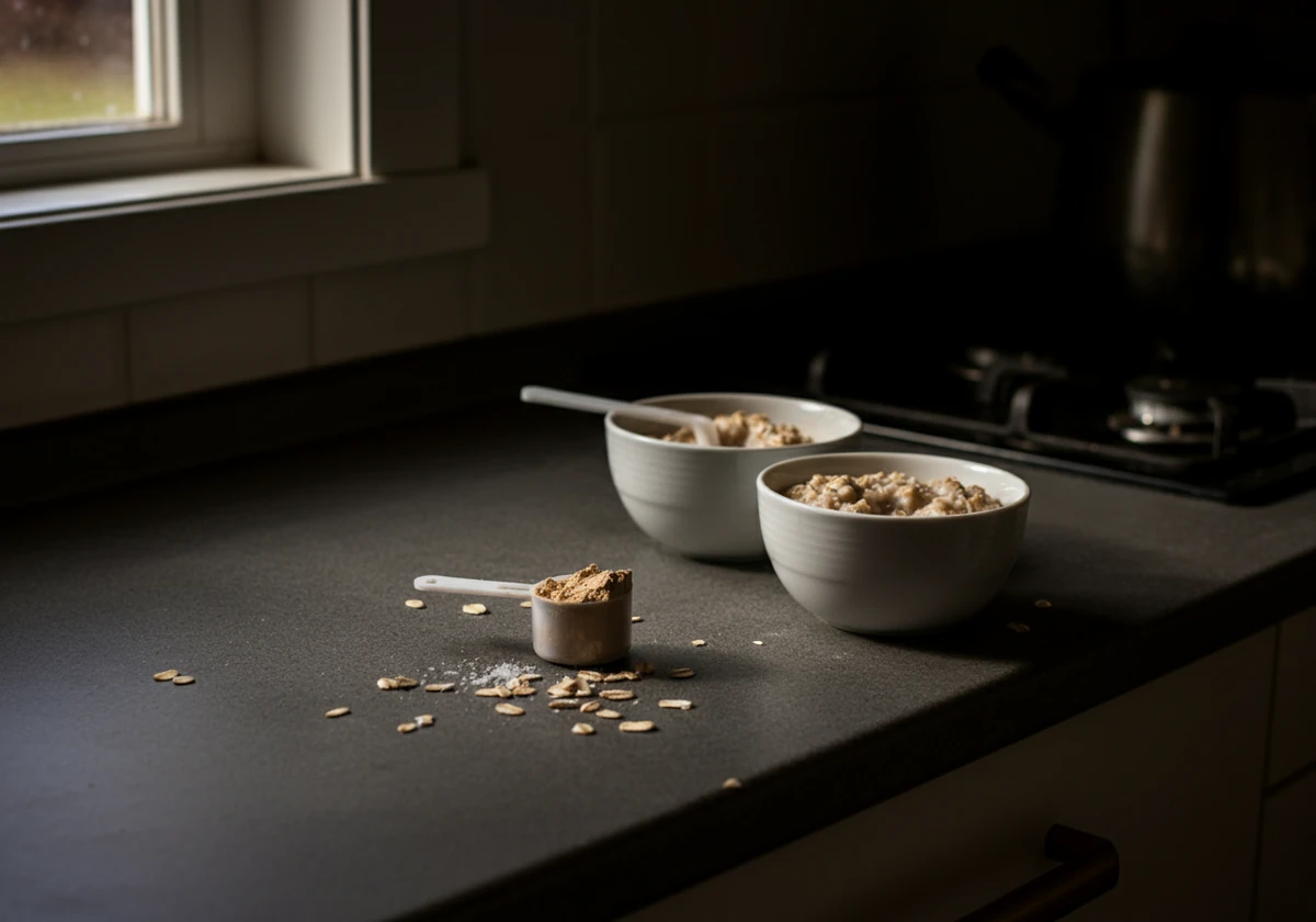 Råvarer til havregrøt med protein: havre, melk og pulver