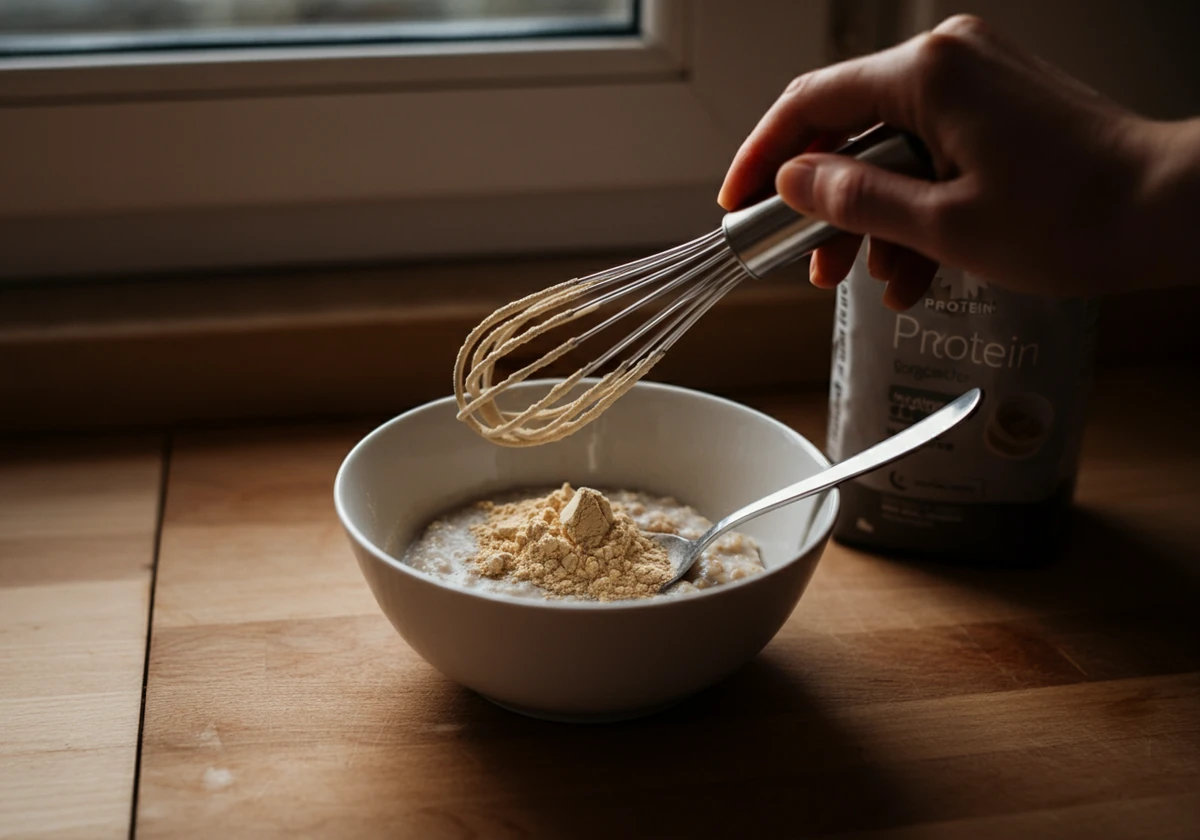 Proteinpulver vispes inn i varm havregrøt