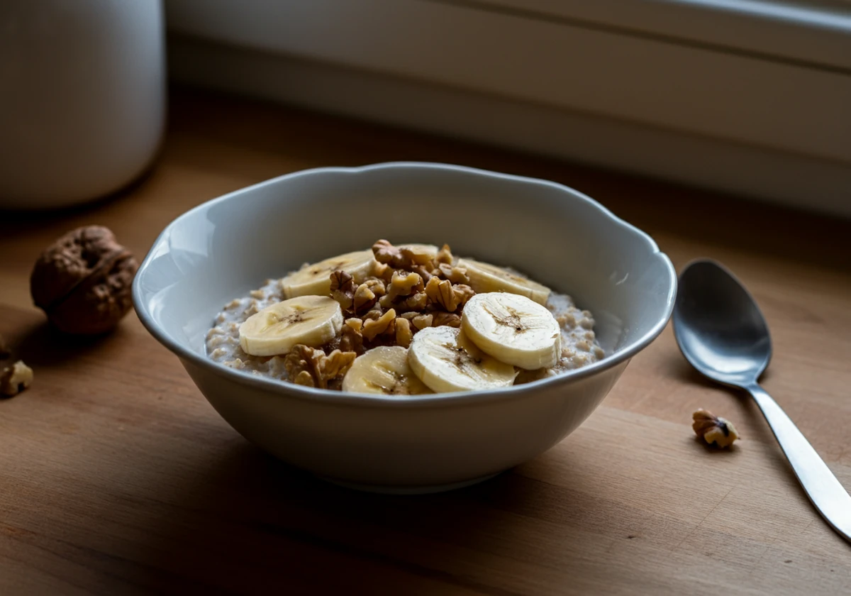 Havregrøt toppet med banan, valnøtter og honning