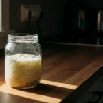 Hjemmelaget kefir i glasskrukke med kefirkorn