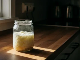 Hjemmelaget kefir i glasskrukke med kefirkorn