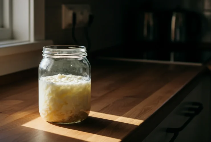 Hjemmelaget kefir i glasskrukke med kefirkorn