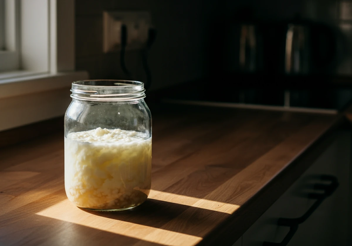 Hjemmelaget kefir i glasskrukke med kefirkorn