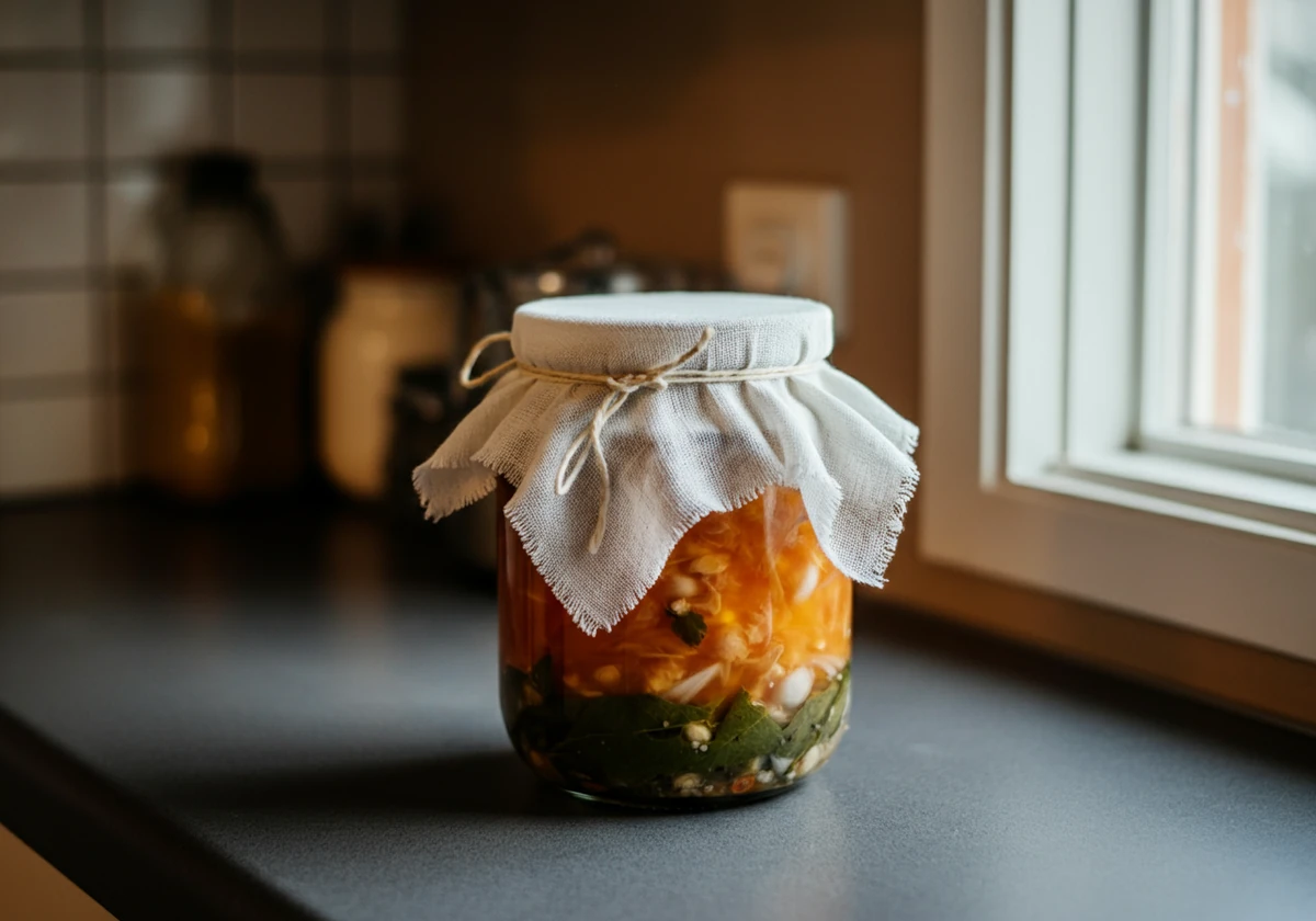 Kefirkrukken dekkes med tøy mens den fermenterer