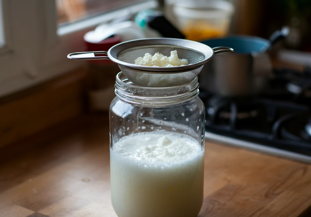 Ferdig kefir siles fra kornene gjennom plastsil