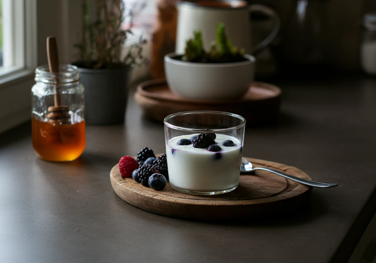 Kald kefir servert i glass med bær og honning