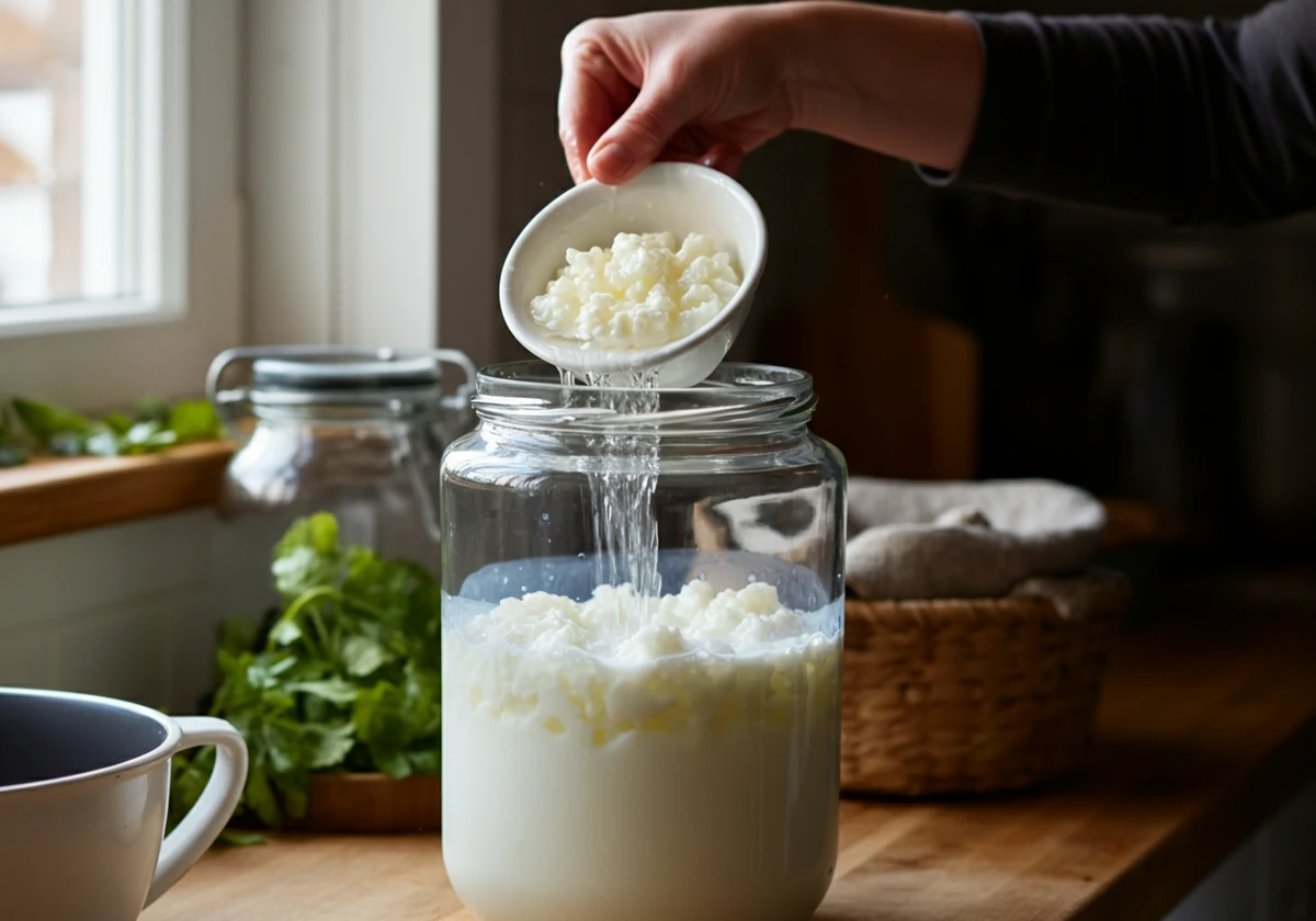 Kefirkorn skylles og settes i ny melk for ny porsjon