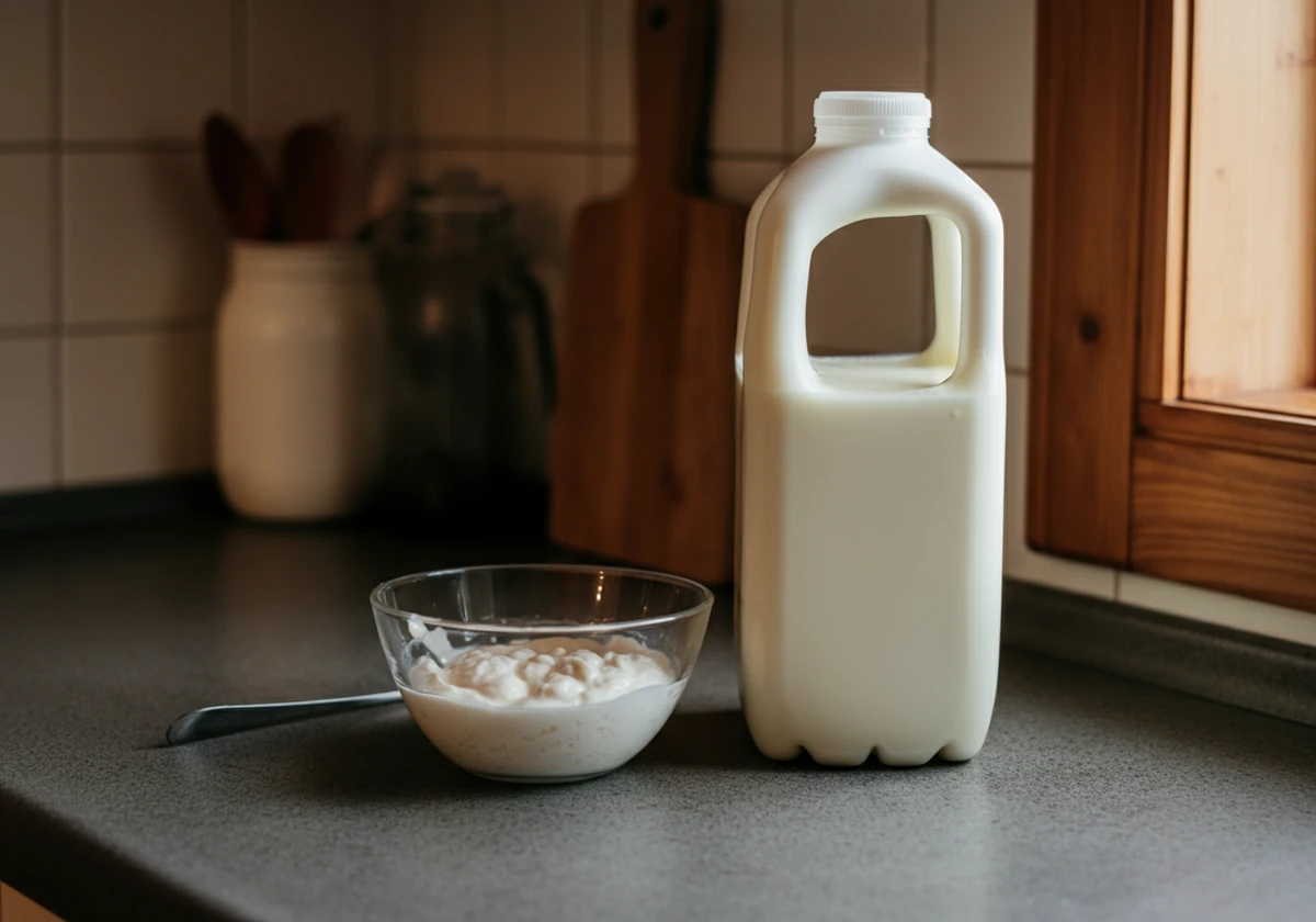 Helmelk og litt starteryoghurt på kjøkkenbenk