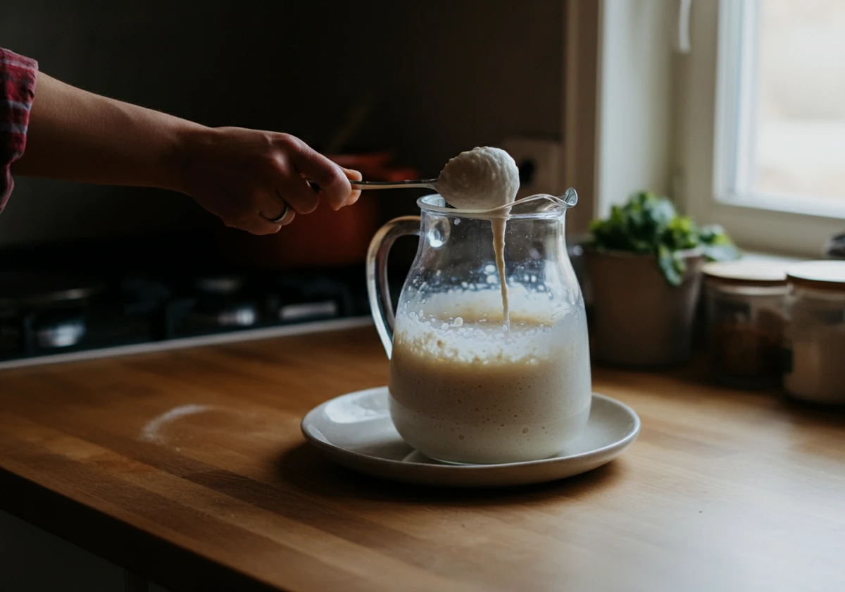 Starteryoghurten vispes inn i den varme melken