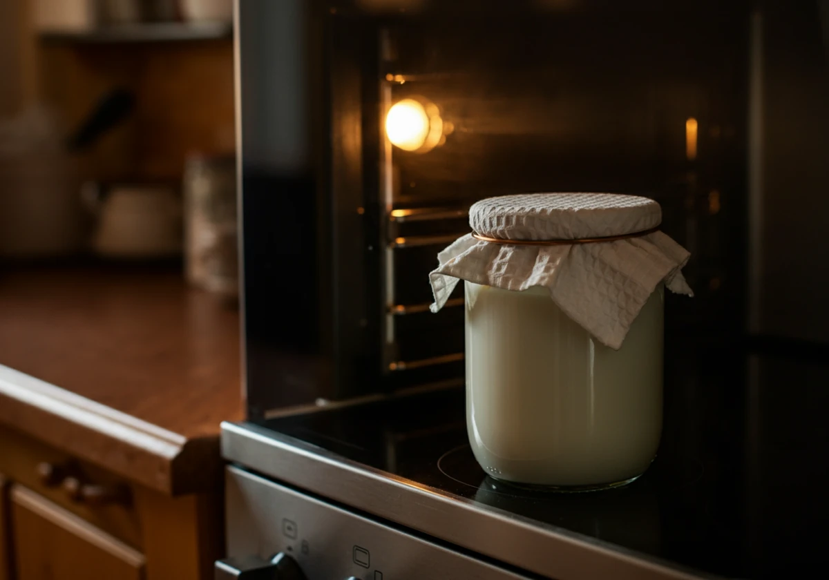 Yoghurten fermenterer pakket inn i håndkle
