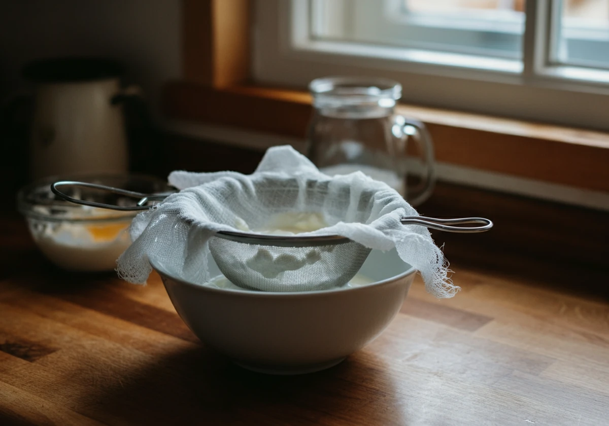 Yoghurten siles gjennom osteklede til gresk konsistens