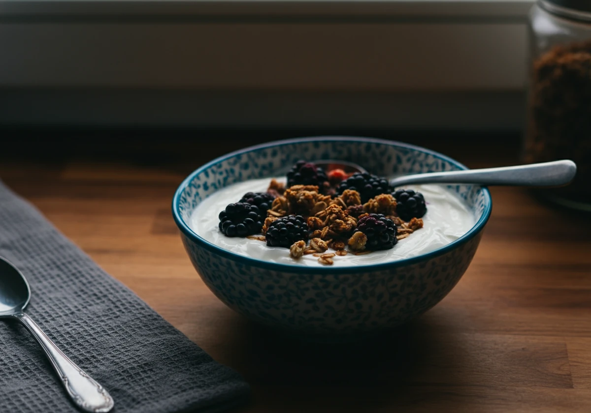 Tykk hjemmelaget yoghurt servert med bær og granola
