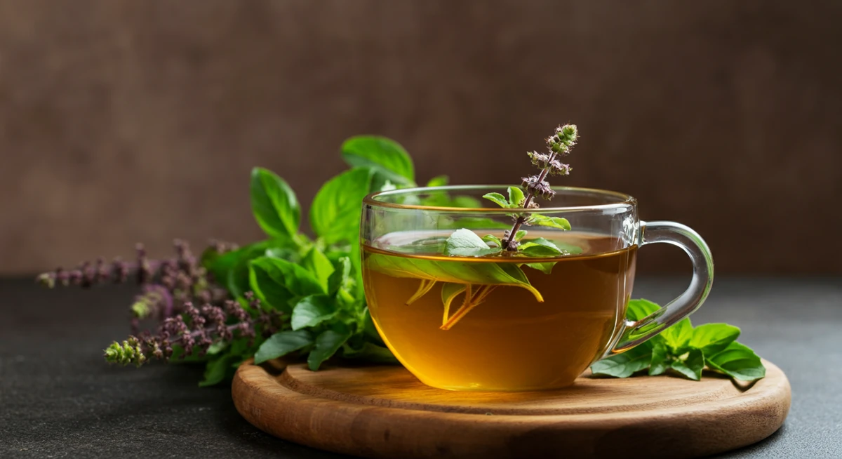 Holy basil tulsi-te i glasskrus med friske blader