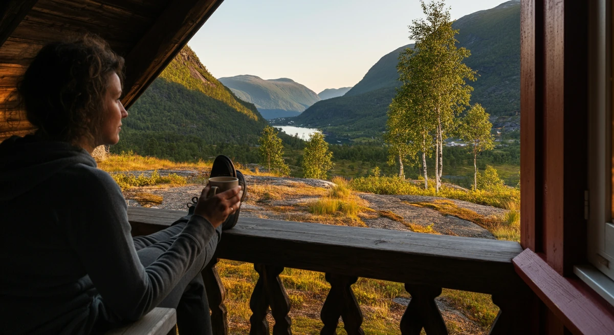 Morgenkaffe på hytteveranda — første timer av nervesystem-skiftet