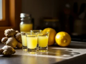 Ingefær shot i små glass med sitron og ingefær