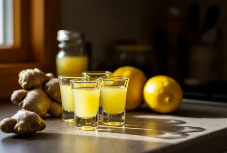Ingefær shot i små glass med sitron og ingefær