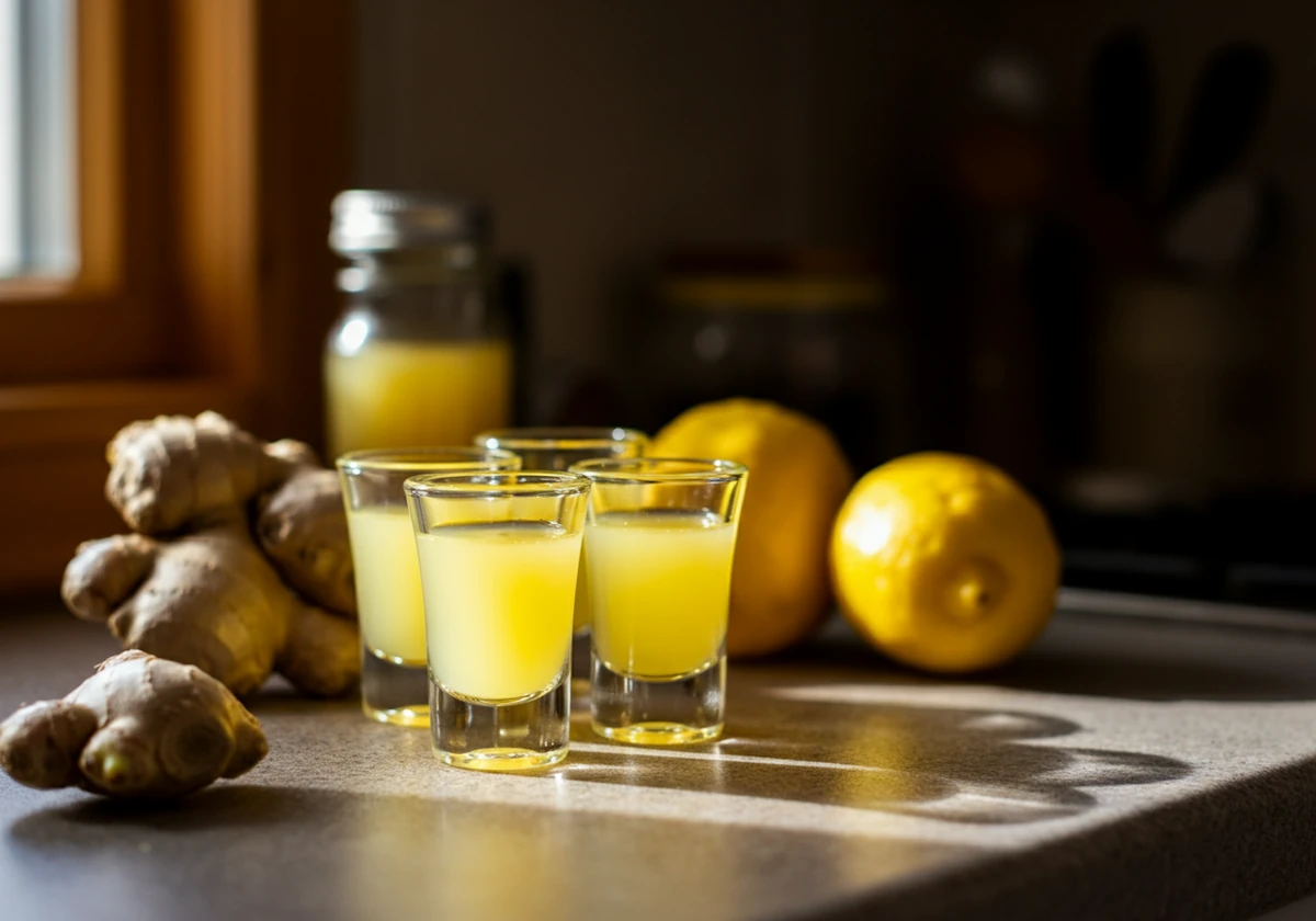 Ingefær shot i små glass med sitron og ingefær
