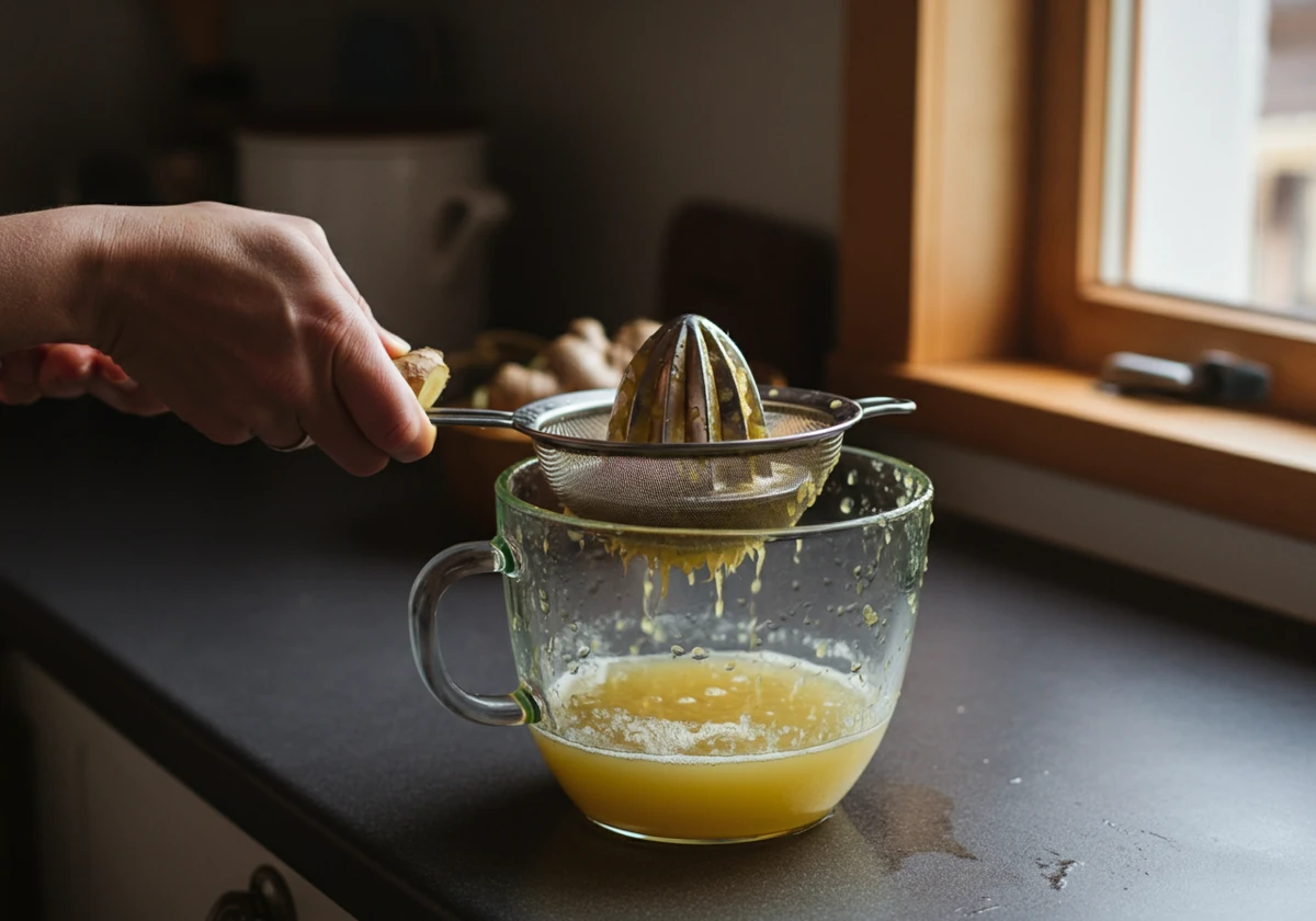 Ingefær presses gjennom sil og gir gul juice