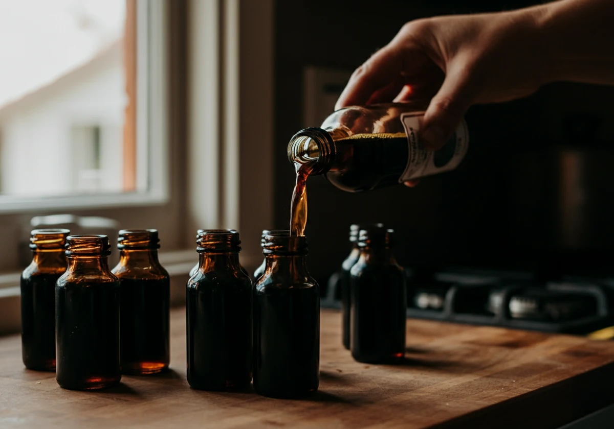 Ingefær shot tappes på mørke flasker