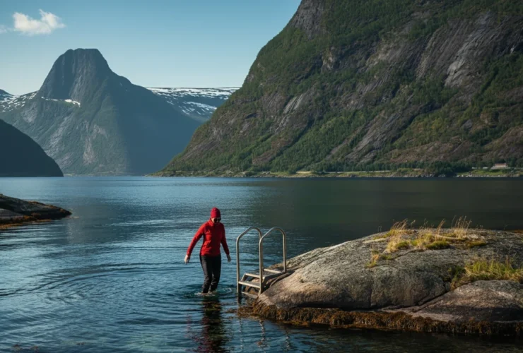 Sommer-vinterbading i Lofoten-fjord under midnattssolen