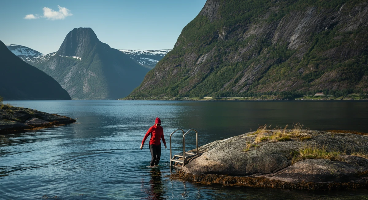 Sommer-vinterbading i Lofoten-fjord under midnattssolen