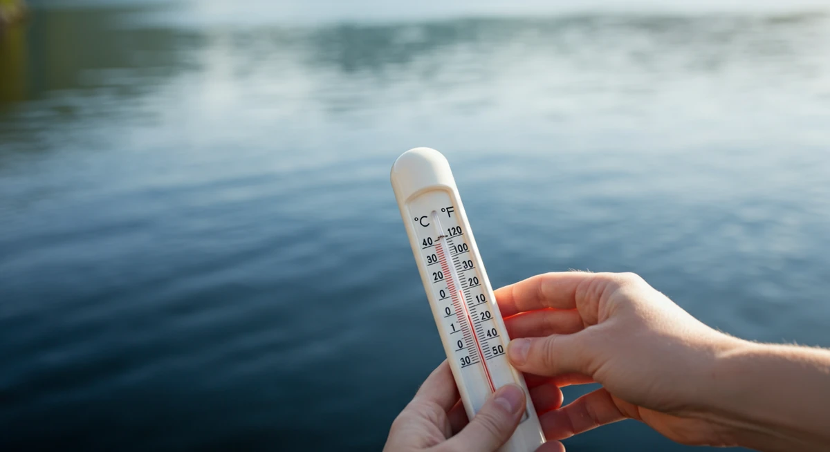 Termometer i fjordvann viser sommer-temperatur 12 °C