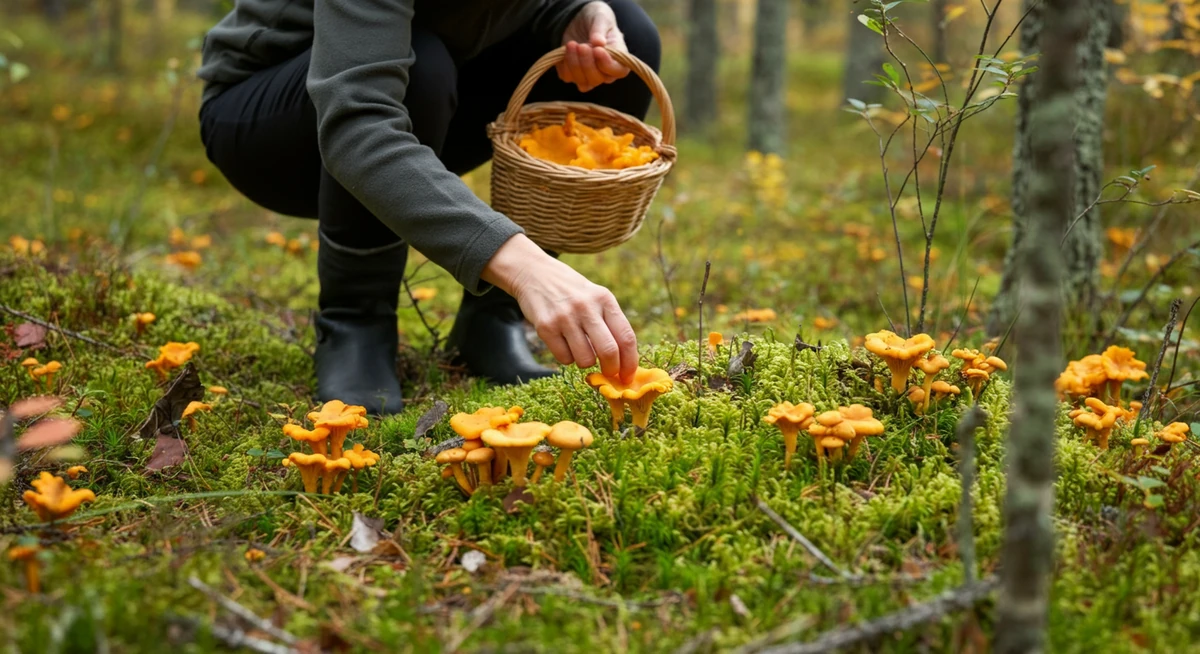 Kantarell-plukking i mosegrodd norsk skog