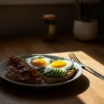 Keto frokost med egg, bacon, avokado og ost