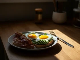 Keto frokost med egg, bacon, avokado og ost