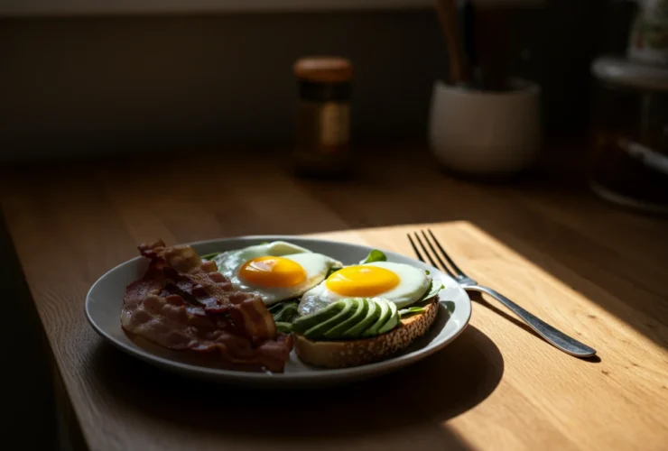 Keto frokost med egg, bacon, avokado og ost