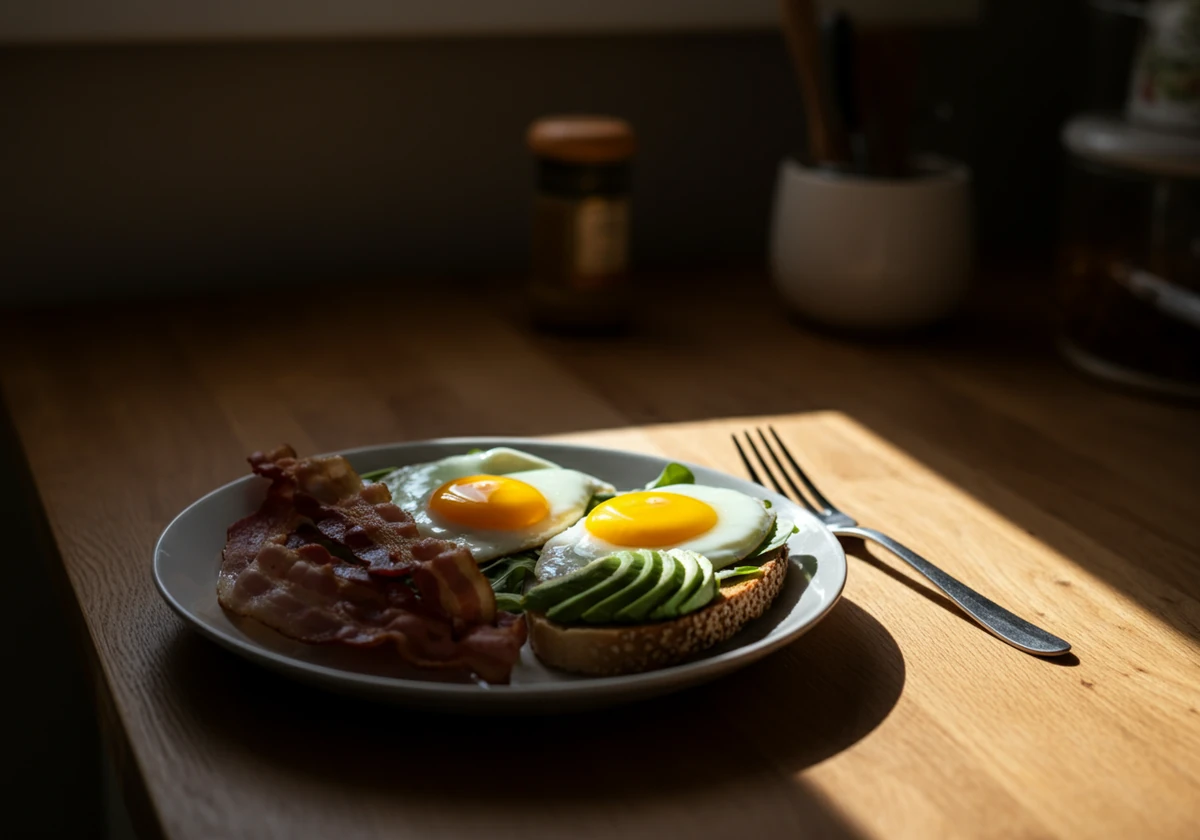 Keto frokost med egg, bacon, avokado og ost