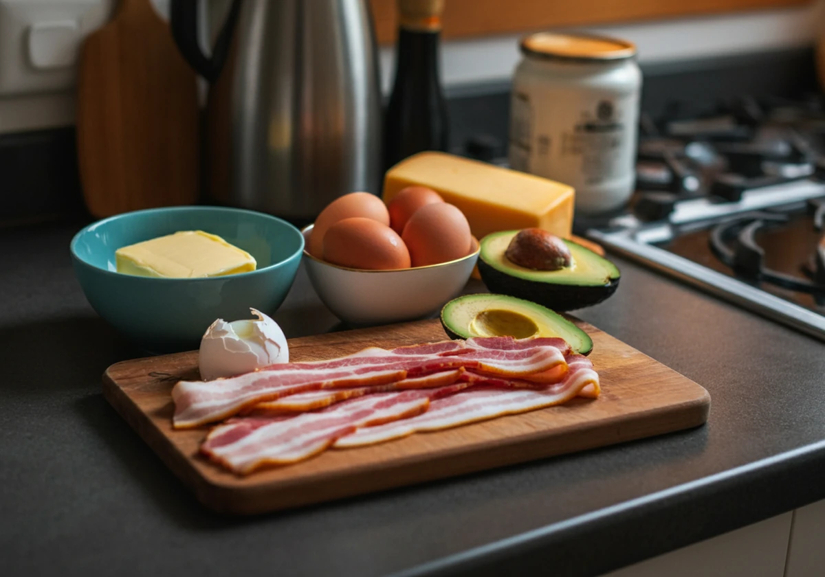 Råvarer til keto frokost: egg, bacon, avokado, smør