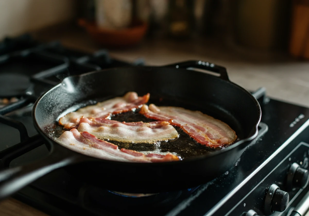 Bacon stekes i jernpanne med fett rundt