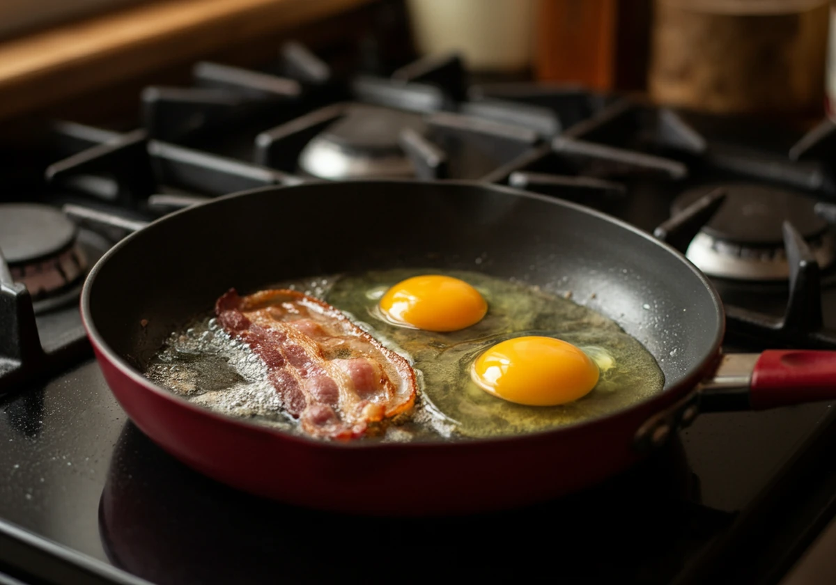 Egg knekkes i baconfett på panne