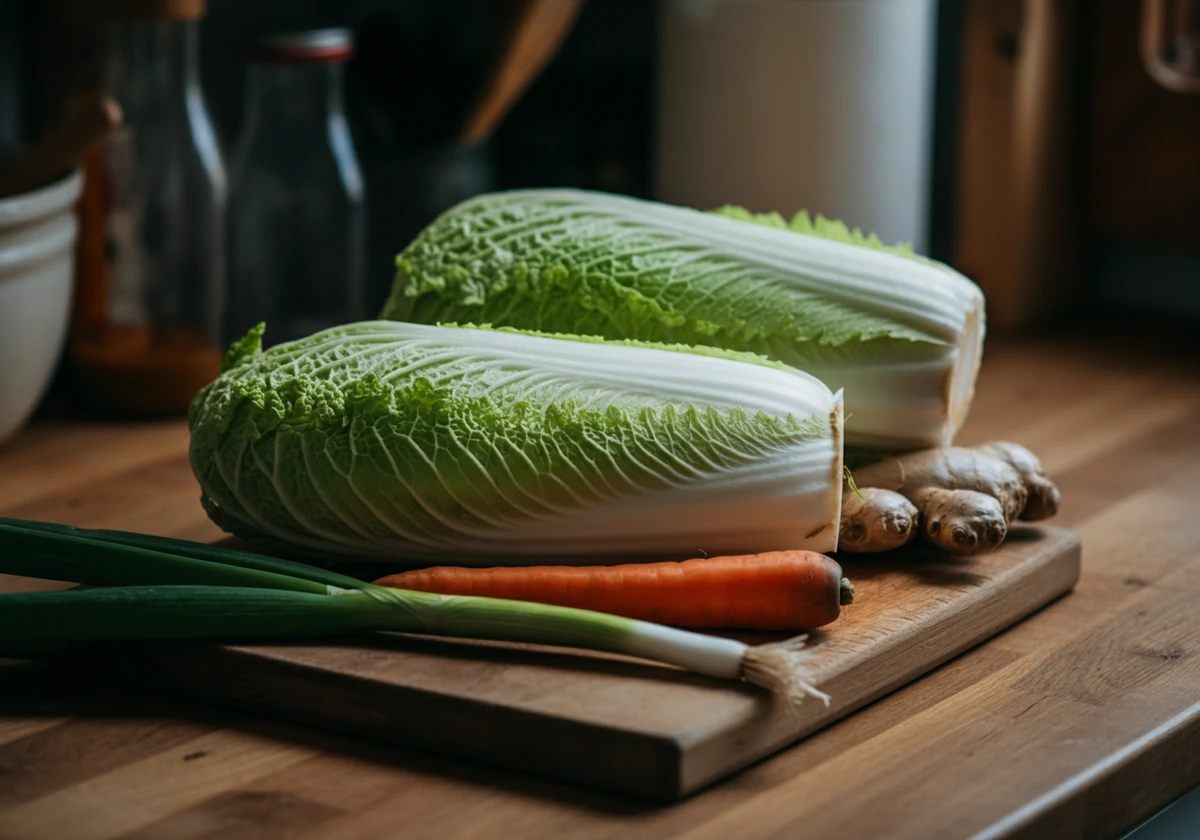 Råvarer til kimchi: spisskål, gulrot, vårløk og ingefær
