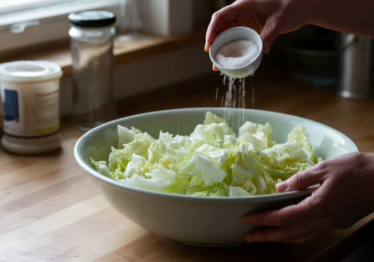 Spisskål saltes i bolle for å trekke ut vann