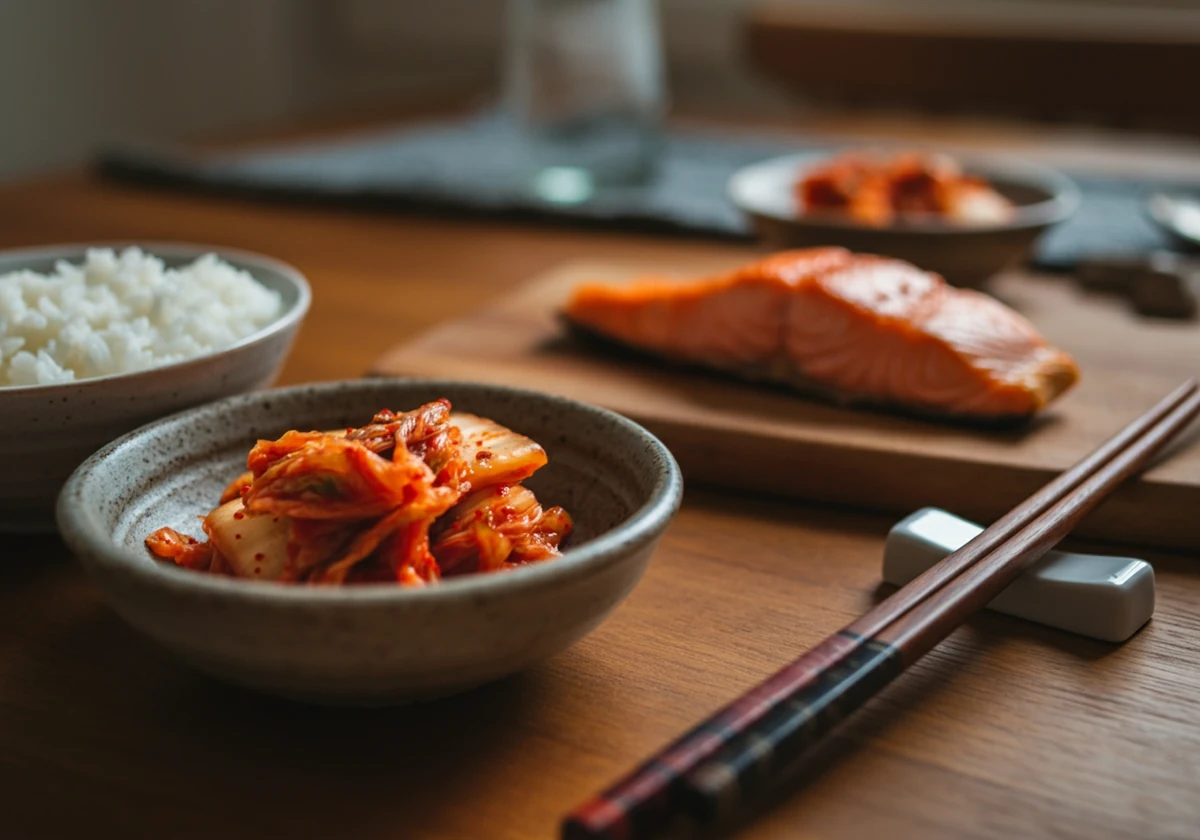 Ferdig fermentert kimchi servert til middag med laks